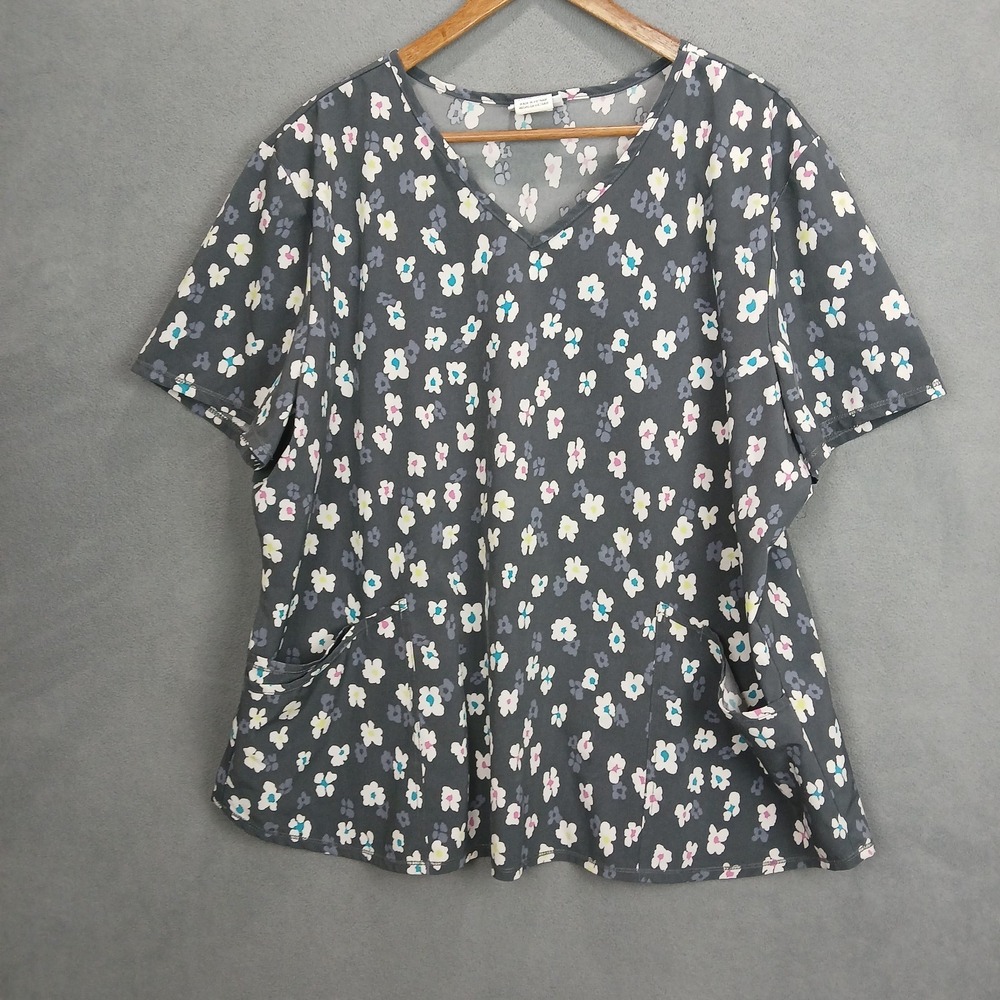Scrubstar Uniform Scrub Top Womens 2XL Gray Floral Stretch V Neck Medical Modern